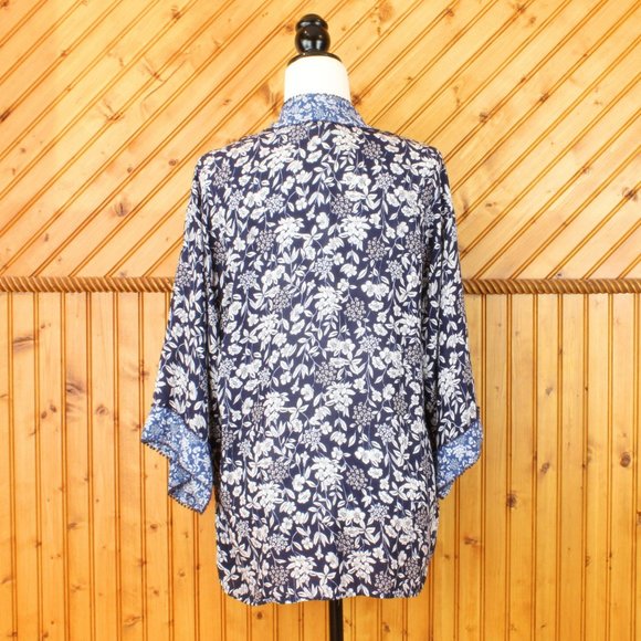 Westport Duster Medium Blue White Floral Print Hip Jacket Cover-Up Boho SW30 - Picture 4 of 6
